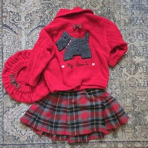 Vintage Baby Girls Scottie Dog Red Cardigan Flannel Skirt Outfit And Beret Hat